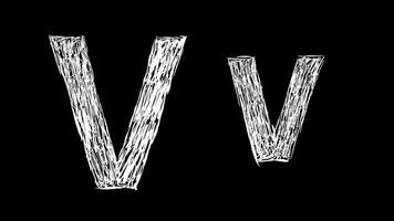 Animation of Letter V in handwritten style, scribbled alphabet on black background video