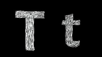 Animation of Letter T in handwritten style, scribbled alphabet on black background video