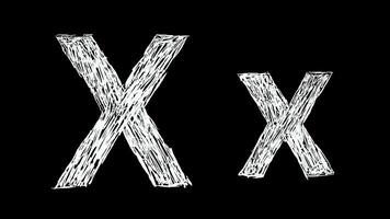 Animation of Letter X in handwritten style, scribbled alphabet on black background video