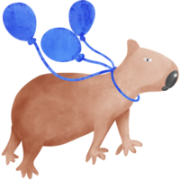 brown capybara with blue balloons created by water color painting png