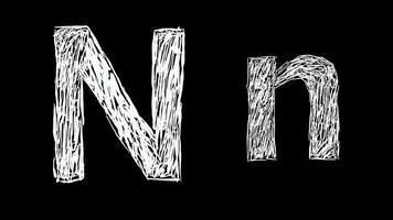 Animation of Letter N in handwritten style, scribbled alphabet on black background video