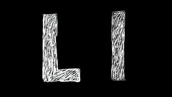 Animation von Brief l im handgeschrieben Stil, gekritzelt Alphabet auf schwarz Hintergrund video