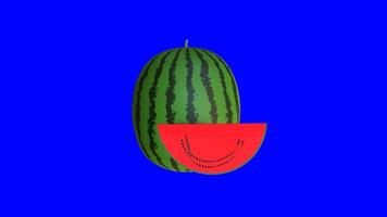 3d animation of a whole and sliced watermelon rotating on a blue background. 3d rendering video