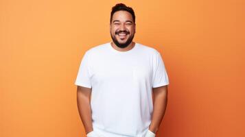 joyful young hispanic plus size body positive male man boy guy 30s in white blank design casual t-shirt posing color background studio portrait, ai photo