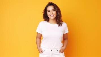 alegre joven Hispano más Talla cuerpo positivo hembra mujer niña 30s en blanco blanco diseño casual camiseta posando color antecedentes estudio retrato, ai foto