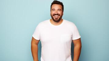 alegre joven Hispano más Talla cuerpo positivo masculino hombre chico chico 30s en blanco blanco diseño casual camiseta posando color antecedentes estudio retrato, ai foto