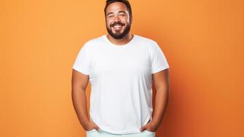 alegre joven Hispano más Talla cuerpo positivo masculino hombre chico chico 30s en blanco blanco diseño casual camiseta posando color antecedentes estudio retrato, ai foto