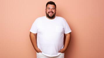 joyful young hispanic plus size body positive male man boy guy 30s in white blank design casual t-shirt posing color background studio portrait, ai photo