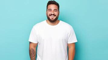 joyful young hispanic plus size body positive male man boy guy 30s in white blank design casual t-shirt posing color background studio portrait, ai photo