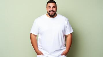 alegre joven Hispano más Talla cuerpo positivo masculino hombre chico chico 30s en blanco blanco diseño casual camiseta posando color antecedentes estudio retrato, ai foto