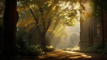 forest trees autumn foggy morning mist, ai photo