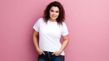 alegre joven Hispano más Talla cuerpo positivo hembra mujer niña 30s en blanco blanco diseño casual camiseta posando color antecedentes estudio retrato, ai foto