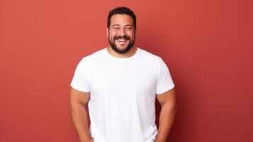 alegre joven Hispano más Talla cuerpo positivo masculino hombre chico chico 30s en blanco blanco diseño casual camiseta posando color antecedentes estudio retrato, ai foto