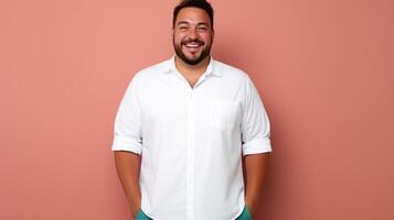 joyful young hispanic plus size body positive male man boy guy 30s in white blank design casual t-shirt posing color background studio portrait, ai photo