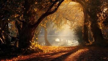 forest trees autumn foggy morning mist, ai photo