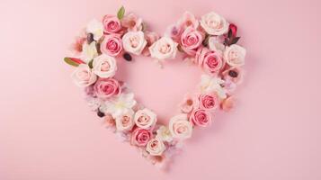 heart shape rose ranunculus buttercup frame pink background, ai photo