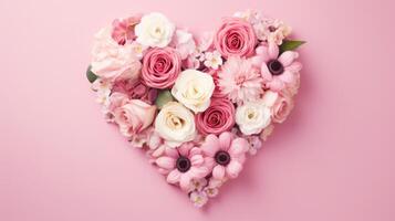 heart shape rose ranunculus buttercup frame pink background, ai photo