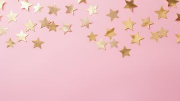 Gold star confetti on a pink background with space for text. Banner, poster, ai photo