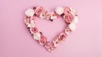 heart shape rose ranunculus buttercup frame pink background, ai photo