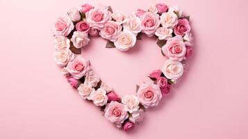 heart shape rose ranunculus buttercup frame pink background, ai photo