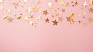 Gold star confetti on a pink background with space for text. Banner, poster, ai photo