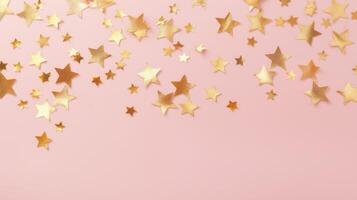 Gold star confetti on a pink background with space for text. Banner, poster, ai photo