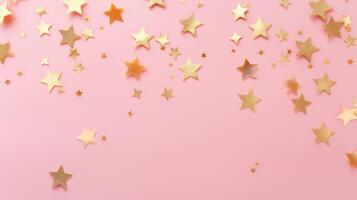 Gold star confetti on a pink background with space for text. Banner, poster, ai photo