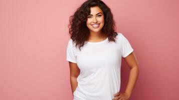 alegre joven Hispano más Talla cuerpo positivo hembra mujer niña 30s en blanco blanco diseño casual camiseta posando color antecedentes estudio retrato, ai foto