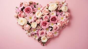 heart shape rose ranunculus buttercup frame pink background, ai photo