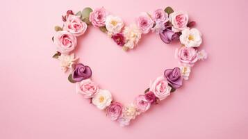 heart shape rose ranunculus buttercup frame pink background, ai photo
