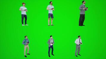 The 3D animation of the coach man on the green screen is walking watching and video