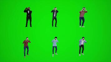 3D animation of a male director sitting on a green screen looking seeing and video