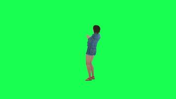 3D cartoon woman in jeans walking in the park back angle green screen video