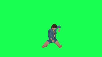 3D animated woman in jeans walking to work right angle green screen video