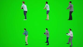 3d animatie van ontwerper Mens Aan groen scherm wandelen pratend Aan telefoon in chroma video