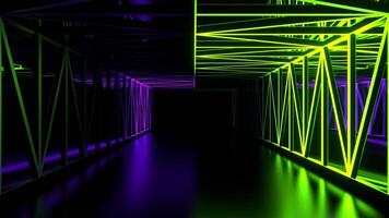 Mirrored Corridor with Purple and Light Green Neon Lines Background VJ Loop in 4K video