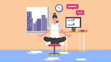 Young Woman In Office Meditating Stressful Work 2D Cartoon Animation video