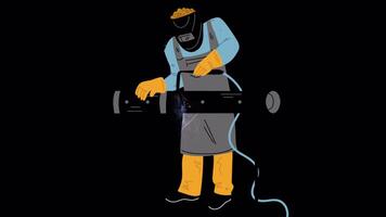 soldador trabajando con hierro a banco de trabajo 2d dibujos animados animación video