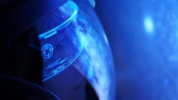 Experience the awe-inspiring journey of an Astronaut as they gaze into the endless abyss of space, their helmet adorned with neon light, illuminating the mysteries beyond Astronomy Technology Concept video