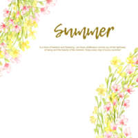 små rosa och gul blommor ram med text vattenfärg illustration. sommar äng med blommig skriva ut och vilda blommor. isolerat från de bakgrund. för design kort, inbjudningar, bröllop dekor, png