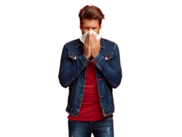 man wearing jacket sneezes while standing png