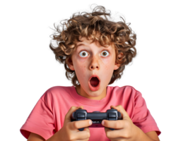 Kind Spieler mit ein überrascht Ausdruck mit Konsole Regler png