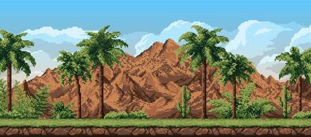 8 bit pixel forest landscape and mountains, palms vector