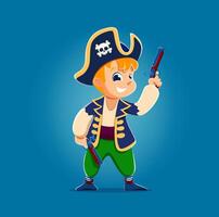 Cartoon funny kid boy pirate corsair with pistols vector