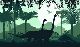 prehistórico dinosaurio silueta en tropical bosque vector