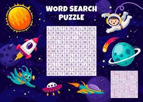 Space word search puzzle game with galaxy planets vector