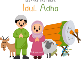 cute boy and girl muslim saying happy eid al adha mubarak with illustration of percussion and animal goat sacrificial png