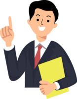 office man standing holding file with hands pointing finger to copyspace or advertising concept and announcement png