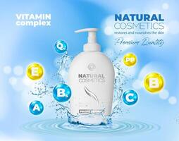 Cosmetic soap bottle with vitamin and water splash vector