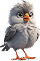 A cute cartoon-style bird with fuzzy gray feathers. AI-generated. png